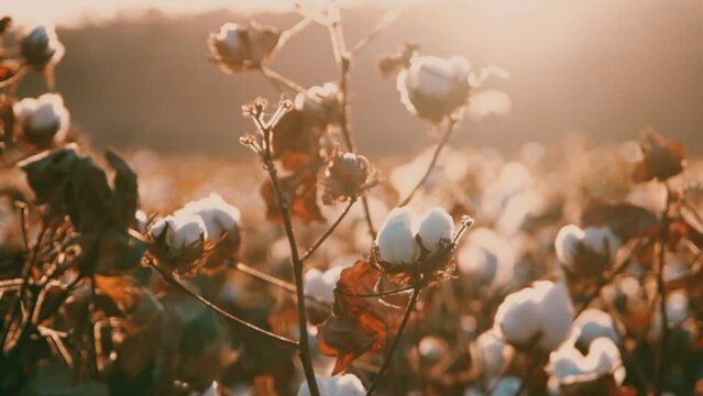Cotton Bolls In Cultivated Field. Agriculture and textile industry