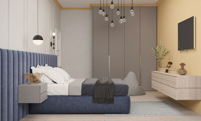 3d illustration. Multifunctional bedroom and workspace interior with bed and desk. Cozy stylish bedroom designed for teenager. Bright interior in blue and yellow. 3D rendering.