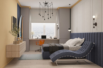 3d illustration. Multifunctional bedroom and workspace interior with bed and desk. Cozy stylish bedroom designed for teenager. Bright interior in blue and yellow. 3D rendering. © Yevheniia