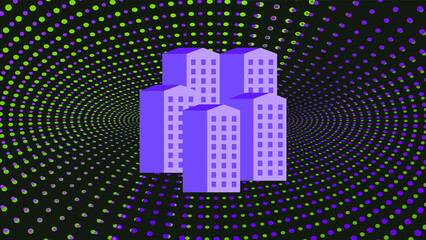 Modern Very Peri neon apartment house on digital black background with dots. IOT. Buildings. Property background. Real estate. Town. Urban design. Efficient energy. Wallpaper. City. Mortgage rate. 6G