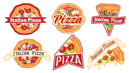 Pizza badges. Italian food restaurant label, pizzeria badge and pizza slice vector illustration set