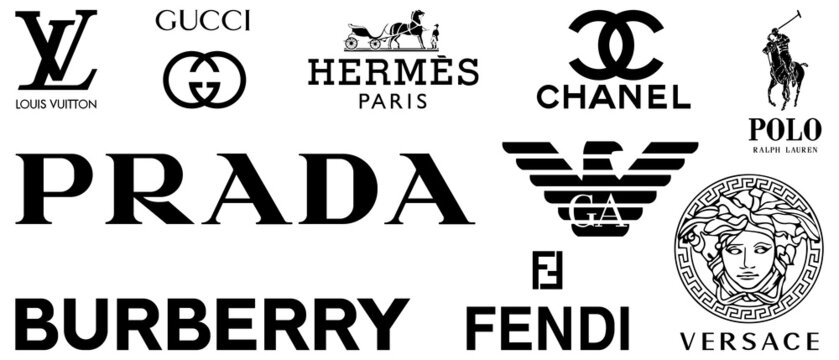 Vector logos of popular clothing brands such as: Chanel, Louis Vuitton,  Prada, Gucci, Fendi, Hugo Boss, Calvin Klein, Nike, Reebok Logos on an  isolated background for your design. Vector EPS 10 Stock