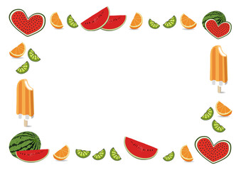 Exotic fruits and ice cream frame. Watermelon, orange and lime.