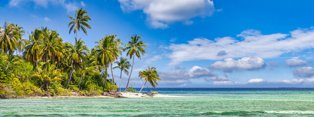 Beautiful island beach. Tropical landscape of scenic summer, white sand, palm trees, sea. Luxury...
