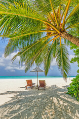 Summer vacation beach, travel scenic. Closeup couple chairs umbrella under palm trees, leaves. Sea sand sky, idyllic recreational landscape. Sunny beautiful tropical island landscape. Amazing paradise