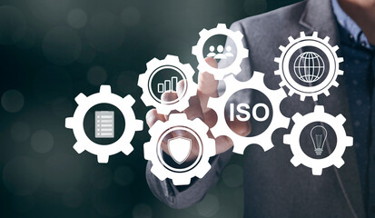 ISO and gear icons. Working mechanism. Man tapping on the screen