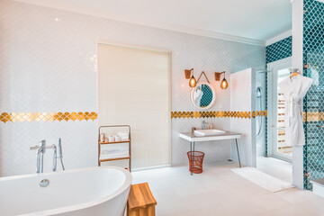 Master bath in luxury resort with glass shower, marble tub elegant golden decoration. Modern bathroom, soft lights, elegant clean white tiles. Relaxing interior