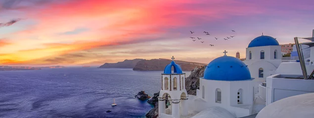  Europe summer destination. Traveling concept, sunset scenic famous landscape of Santorini island, Oia, Greece. Caldera view, colorful clouds, dream cityscape. Vacation panorama, amazing outdoor scenic © icemanphotos