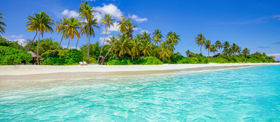 Best summer beach landscape. Tranquil tropical island, paradise coast, sea lagoon, horizon, palm...