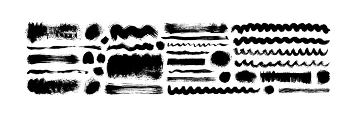 Abstract ink lines and wavy brush strokes. Vector grunge elements isolated on white background. Modern dirty texture banners, black spots, textured blots. Hand drawn black painted stripes.