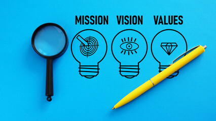 Vision mission values concept are shown with light bulbs