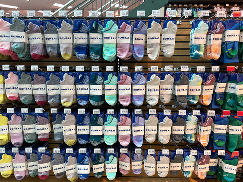 A display of Bombas socks for sale at the Scheels Sporting Goods store in Springfield, Illinois.