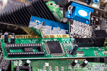 pile with various computer electrical boards and components, Repairing and upgrade concept, closeup