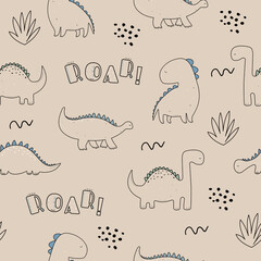 Vector hand drawn seamless pattern with dino. Cute dinosaurs. For wallpaper, children's clothing, fabric, poster, packaging, gift paper.