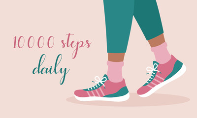 10000 steps daily activity. Healthy lifestyle rule. Walk every day. Person walking in sneakers for health. Flat vector illustration