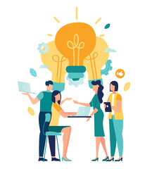 Sharing and search business ideas. collaboration brainstorming and meeting of creative creative people with light bulb ideas. Finding creative solutions to tasks, office workers share ideas vector