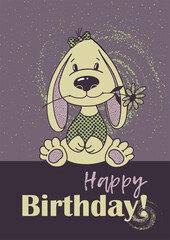 birthday card with cute dog with flower, vector holiday clipart