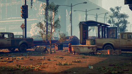 3D Post apocalyptic background image of fogey city with abandoned and destroyed buildings, cracked road, cars and sign.3D rendering