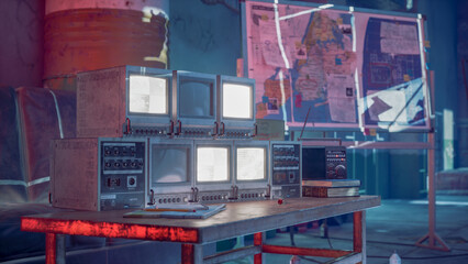 3D Safe house in Apocalypse with red neon light.3D rendering