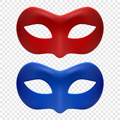 Vector 3d Reaistic Red and Blue Carnival Mask Set. Metallic Face Carnival Mask for Man or Woman Closeup. Secret Decoration, Hero, Stranger. Halloween, Festival, Carnival, Party, Masquerade Concept