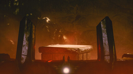 Stone podium in cave and lights. product display High quality 3d illustration. Fantasy landscape cave abstract. Fire Stone.