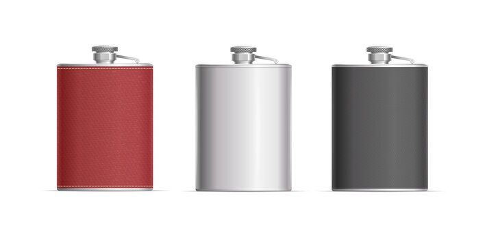 Realistic Detailed 3d Blank Hip Flask Whiskey Set. Vector
