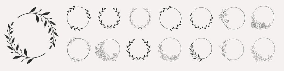 Set of black laurels frames branches. Vintage laurel wreaths collection. Hand drawn vector laurel leaves decorative elements. Leaves, swirls, ornate, award, icon.  © meranda