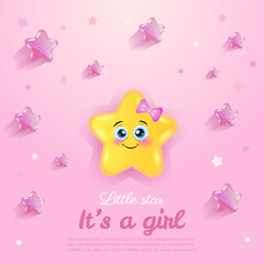 Baby Girl Shower Invitation Card Design with cute little star. Vector illustration. It's a girl on pink background.