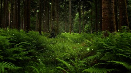 Fern plant woods with firefly flying. - Powered by Adobe