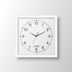 Vector 3d Realistic Square White Wall Office Clock Design Template Isolated on White. Mock-up of Wall Clock for Branding and Advertise Isolated. Clock Face Design