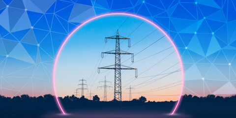 Safe transmission of electricity, preservation of the environment. High-voltage power lines under a...