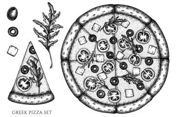 Pizza vintage vector illustrations collection. Black and white greek pizza.