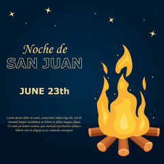 Noche de San Juan. Night of Saint John in Spanish language. St John's Eve poster template with bonfire, date and place for text.