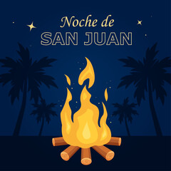 Noche de San Juan. Popular Event in Spain to celebrate the summer solstice. Banner, poster or greeting card with bonfire on the beach with palm trees. (Spanish translation: Night of Saint John). 