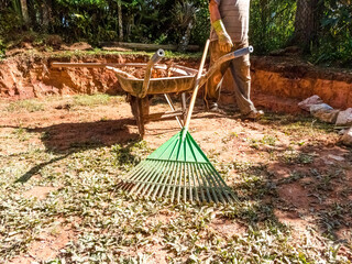 Gardening and landscaping scene. Green rake, wheelbarrow, and worker.