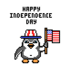 Penguin celebrating 4th of July, pixel art animal character isolated on white background. Old school retro 80's-90's 8 bit slot machine, video game graphics. Cartoon USA Independence day mascot.