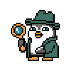 Fototapeta premium Penguin detective inspector in a hat and coat with a magnifying glass, pixel art animal character on white background. Retro 80'-90's 8 bit slot machine, video game graphics. Cartoon spy mascot.