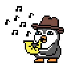 Obraz premium Penguin in a hat playing saxophone, pixel art animal character on white background. Old school retro 80s, 90s 8 bit slot machine, video game graphics. Cartoon jazz musician mascot. Woodwind instrument
