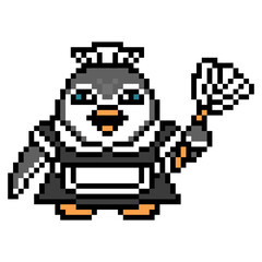 Obraz premium Penguin housekeeper with a feather duster, pixel art animal character isolated on white background. Old school retro 80s, 90s 8 bit slot machine, video game graphics. Cartoon hotel chambermaid mascot.