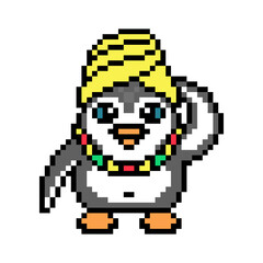 Penguin in african head-wrap and beaded necklace, pixel art animal character isolated on white background. Old school retro 80s, 90s 8 bit slot machine, computer, video game graphics. Cartoon mascot.