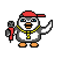 Fototapeta premium Penguin hip-hop artist in a red cap and gold chain with a microphone rapping, pixel art mc animal character on white. Old school retro 80s, 90s 8 bit slot machine, video game graphics. Music mascot.