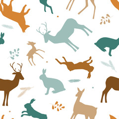 Seamless pattern with silhouettes of wild forest animals, leaves. Natural ornament with hares, foxes, deer. Vector graphics.