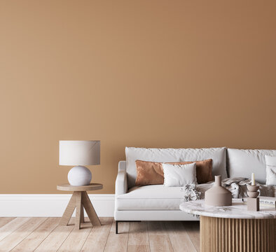 White sofa in beige interior background, minimal wooden style, 3d render