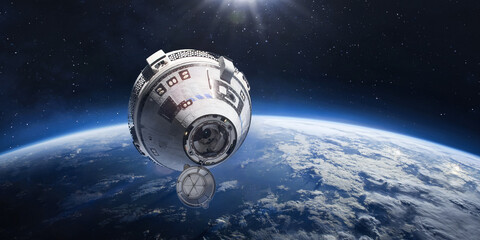 Starliner spaceship in space. Crew Space Transportation on orbit of Earth. Expedition to...