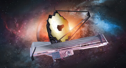 James Webb space telescope. JWST observatory in space. Exploration of space and galaxies. Other worlds. Elements of this image furnished by NASA