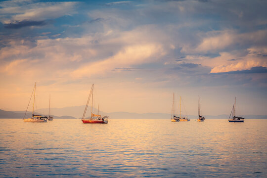 Bay with boats and yatches in Jurere Internacional at sunset &ndash; Florianopolis, Brazil