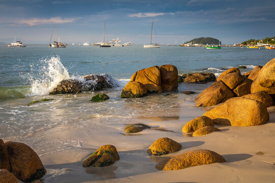 Beach with boats and yatches in Jurere Internacional &ndash; Florianopolis, Brazil