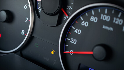 Fuel gauge gas empty. Car tank low petrol meter indicator on dashboard. Gas gauge fuel level.