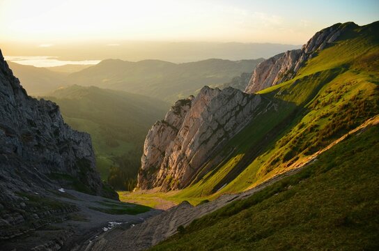 last rays of sun on the bockmattli mountain, bockmattlistock in the canton of glarus,schwyz.Sunset hike in the mountains