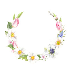 Watercolor spring floral wreath illustration, Easter flowers arrangement, tulip,anemone,rose wreath, frame, for wedding stationery, nursery decor, greenery botanical save the date, baby shower diy